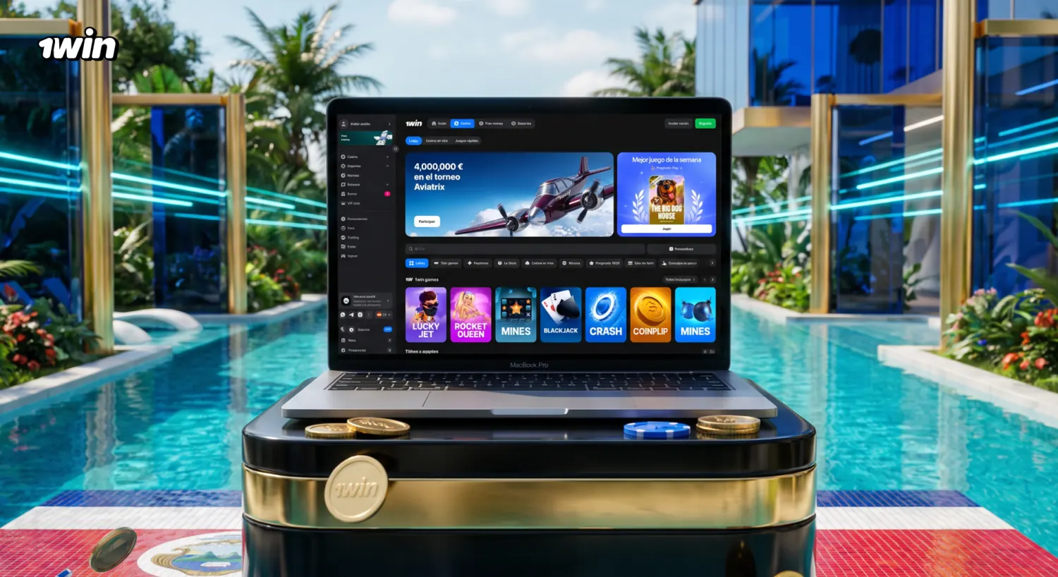 Vitrina de casino de 1win en una laptop, con el torneo Aviatrix y su premio en pantalla