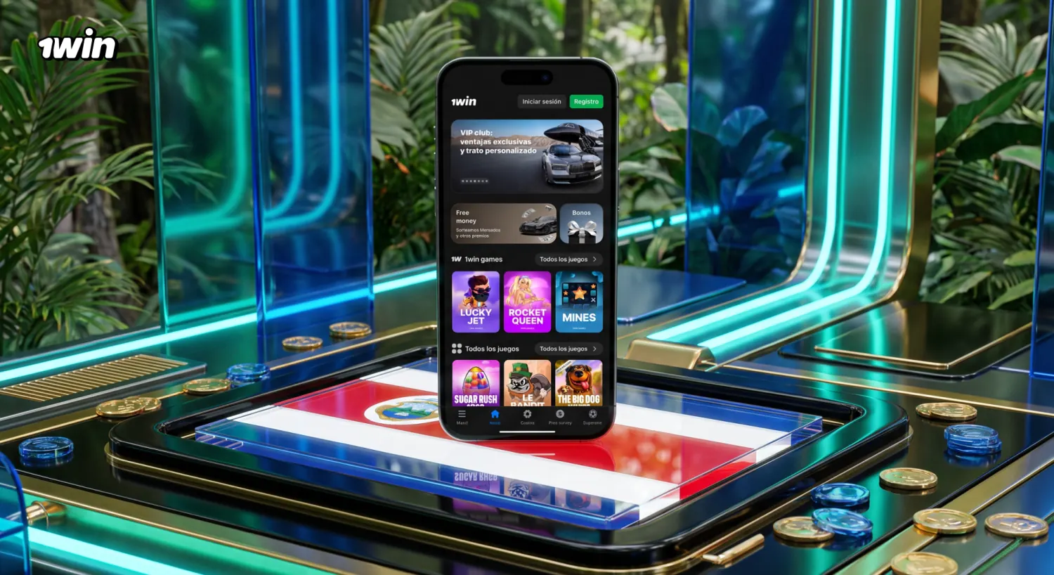 Vitrina de juegos de 1win en un celular, con Lucky Jet, Rocket Queen y Mines en pantalla
